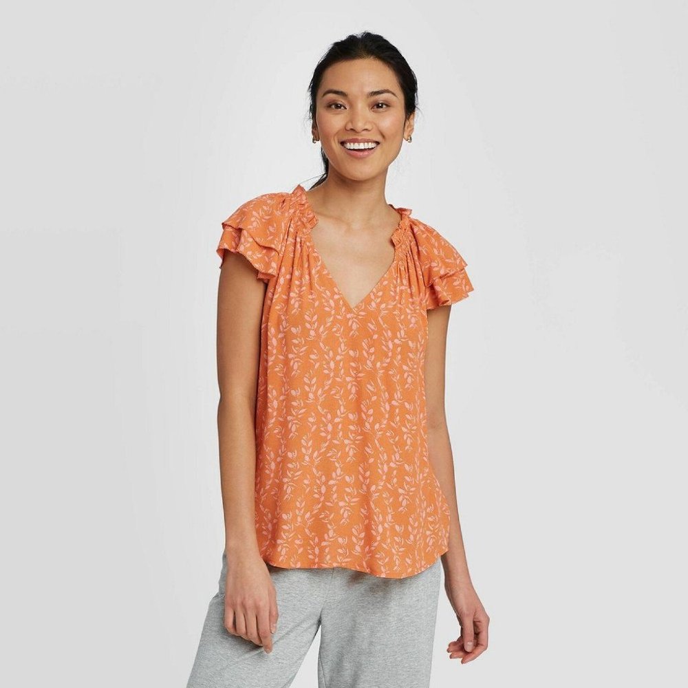 NWT A New Day Floral Print Flutter Short Sleeve Blouse 78054299 XL Orange